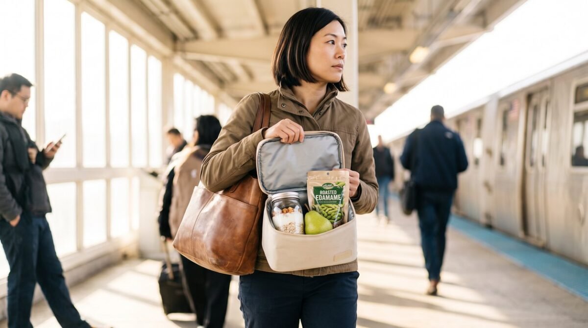 Portable high protein breakfast carried by a busy woman on her morning commute