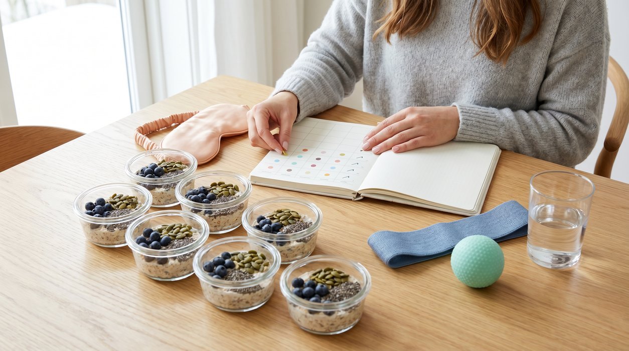 seven-day meal pattern setup with identical containers and lifestyle cues