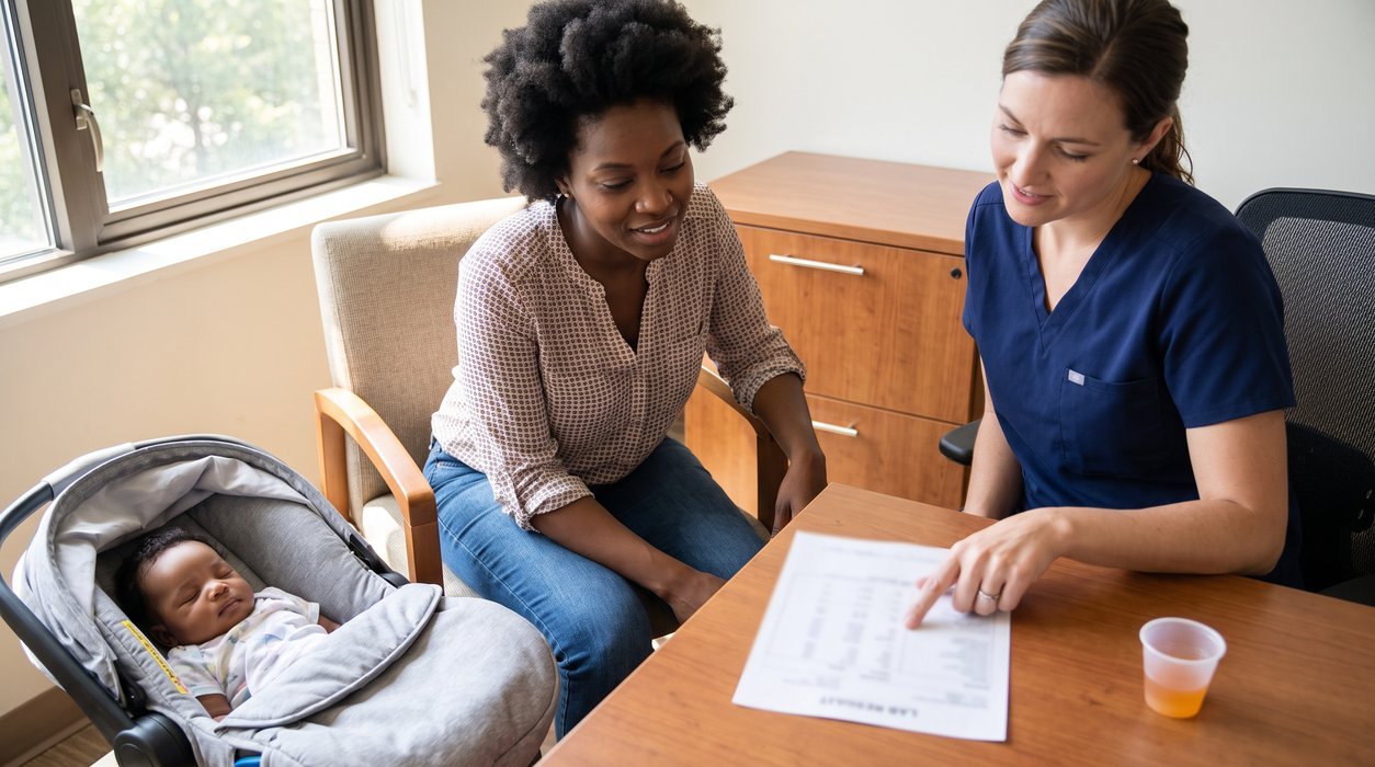 Postpartum woman discussing glucose test results with a clinician while her baby sleeps nearby