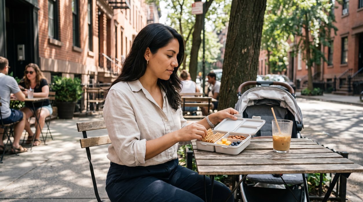 Postpartum mother choosing a balanced snack before a stroller walk