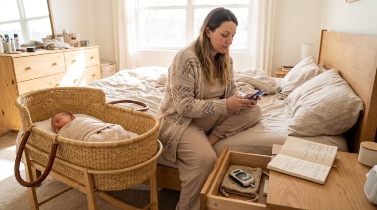 Prediabetes after gestational diabetes in a calm postpartum bedroom moment