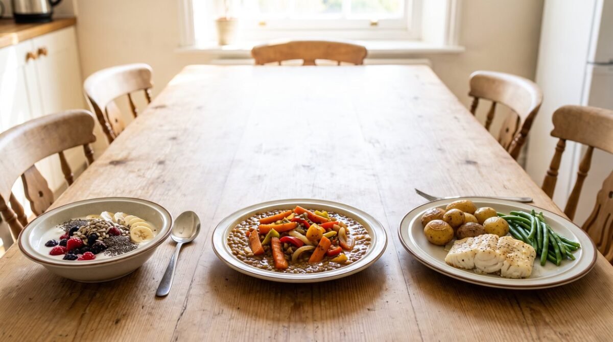 Three everyday meals show protein spread across breakfast, lunch, and dinner