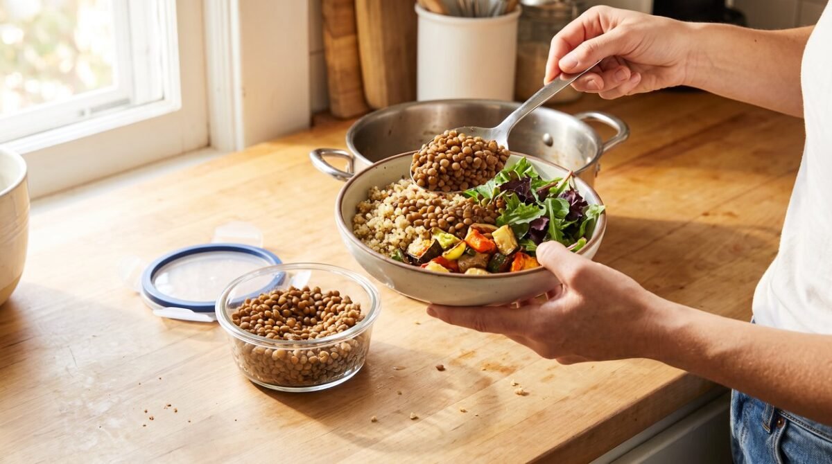 Hands add lentils to a vegetable lunch while saving part of dinner protein for later