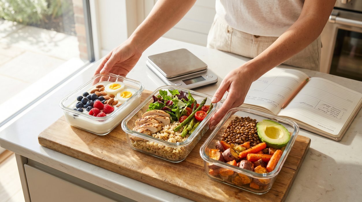 three balanced meals showing protein timing with a kitchen scale and meal containers