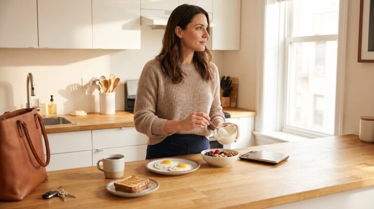 protein for women metabolic health breakfast with eggs, yogurt, berries and kitchen scale