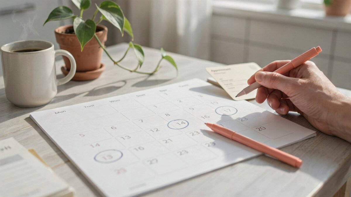 Calendar showing when to repeat A1C after prediabetes beside a laboratory appointment card