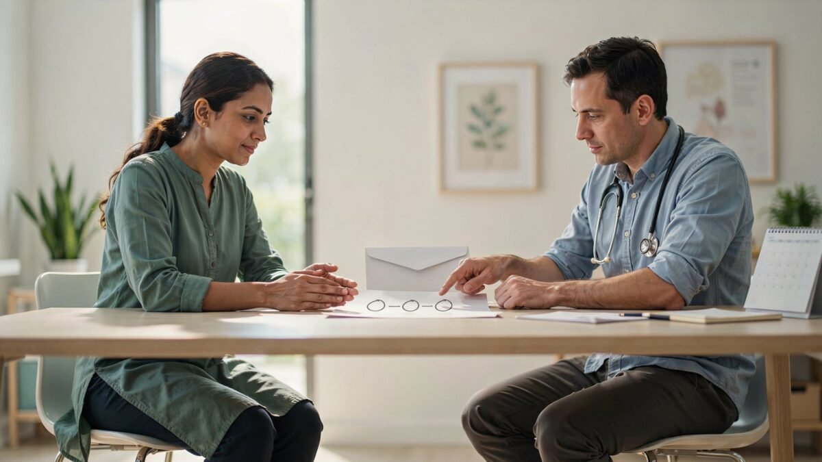 Clinician explaining when to repeat A1C after prediabetes on a simple follow-up timeline