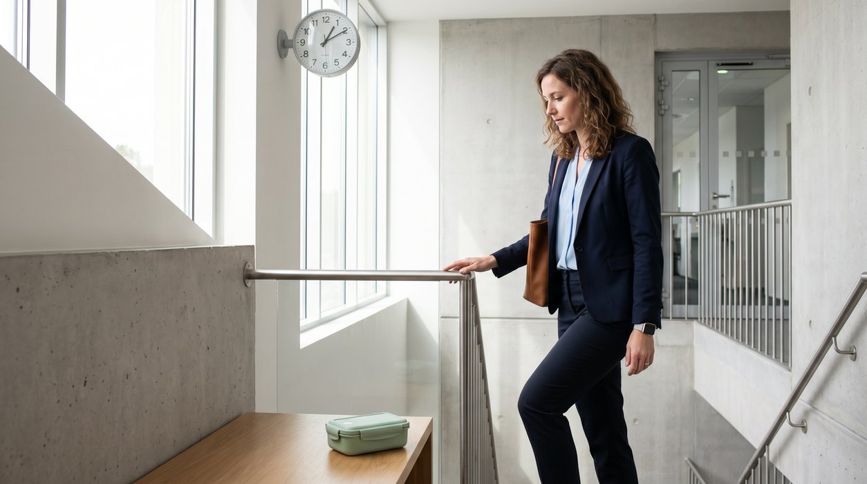 woman taking office stairs after lunch to support steady afternoon energy