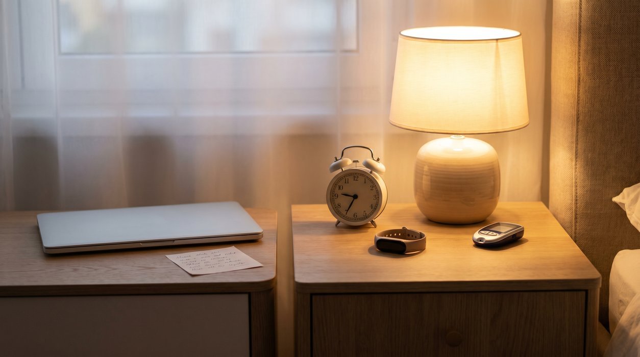 sleep tracker and glucose meter beside an evening alarm for insulin sensitivity awareness