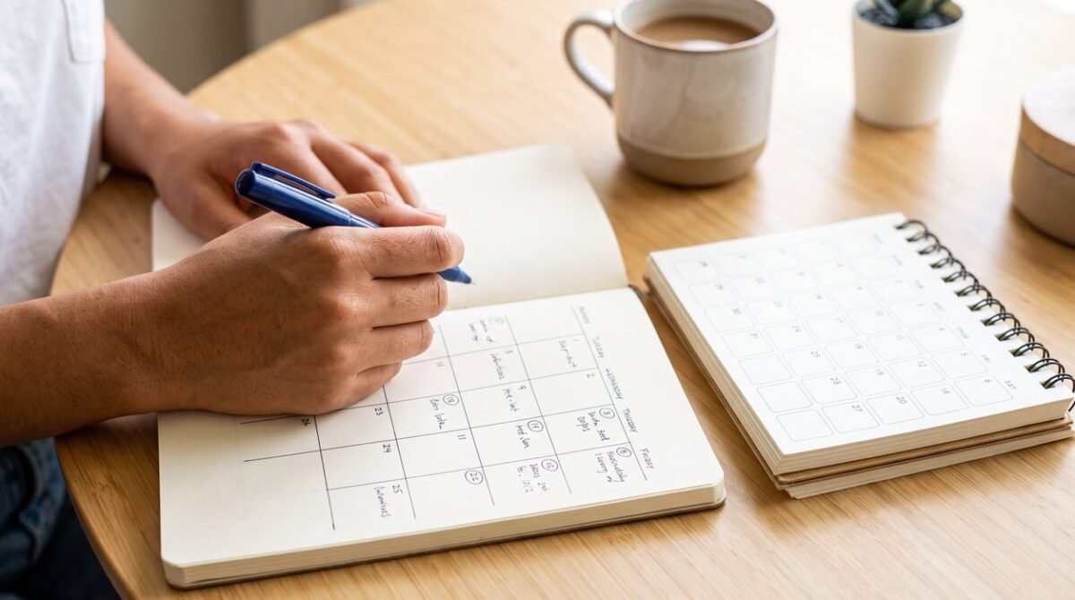 Woman tracking sugar cravings before period days in a simple cycle journal