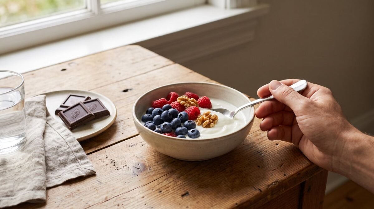 Balanced evening snack with yogurt, berries, nuts, and chocolate before a period
