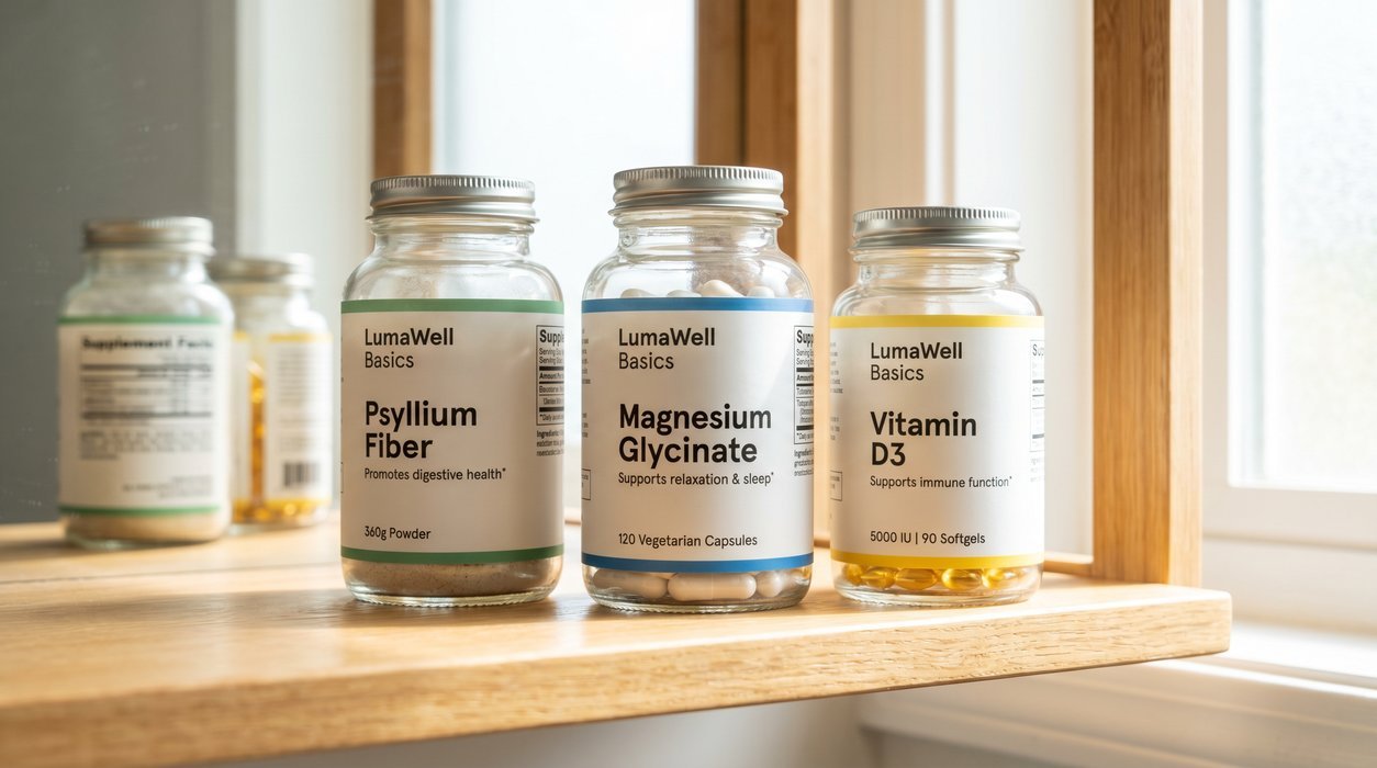 Clearly labeled magnesium, psyllium fiber and vitamin D supplements on a bright shelf