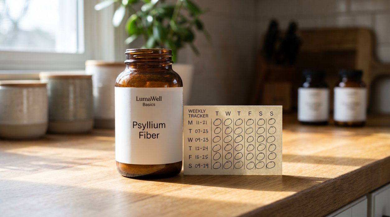 One selected supplement bottle beside a simple weekly tracking card