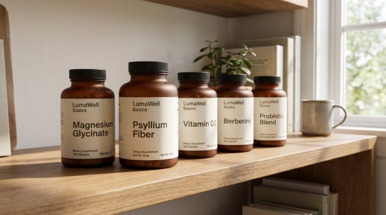 Clear bottles labeled fiber, magnesium and vitamin D for supplements for insulin resistance
