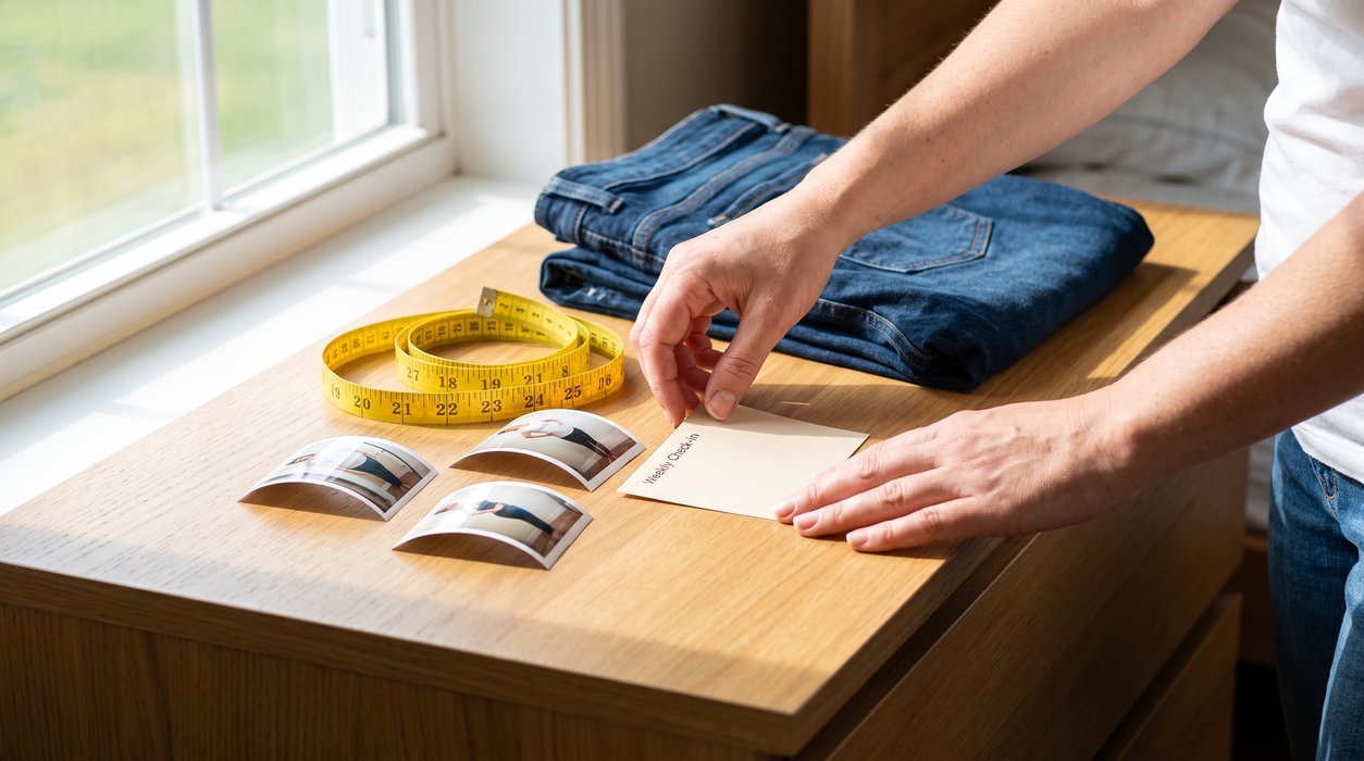 Weekly waist measurement and clothing fit notes for calm fat-loss progress tracking