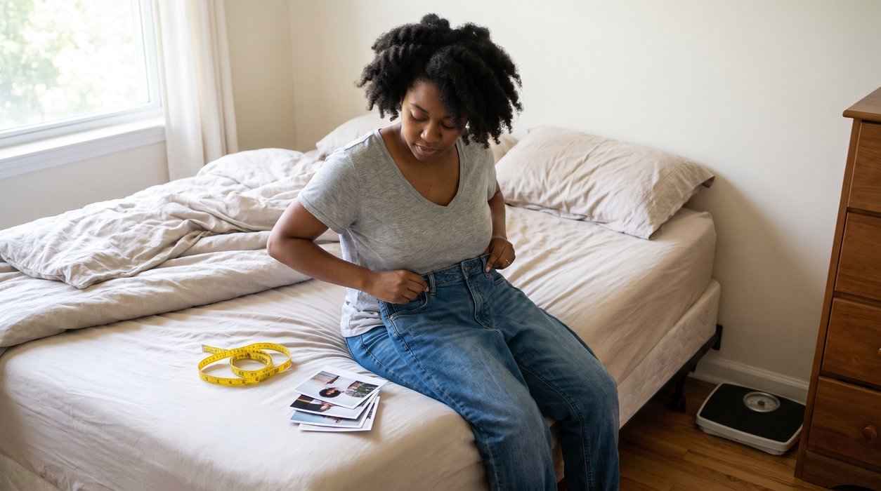 Woman using jeans and photos to track fat loss without scale pressure