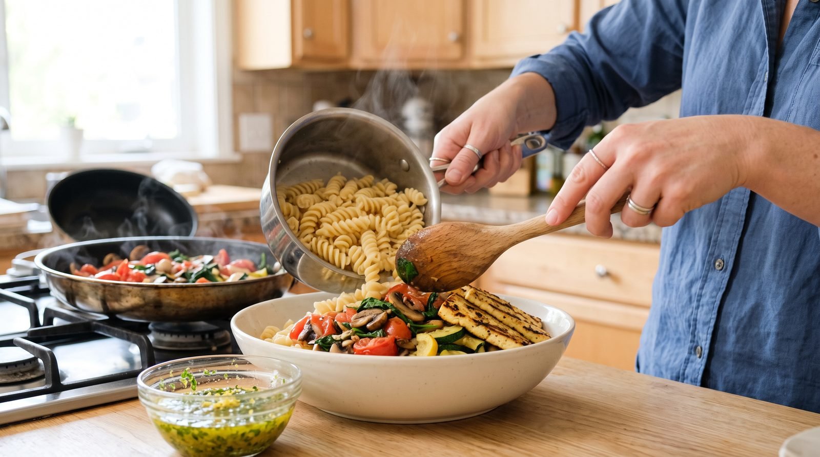 Hands expanding pasta with vegetables and protein for a high-volume meal