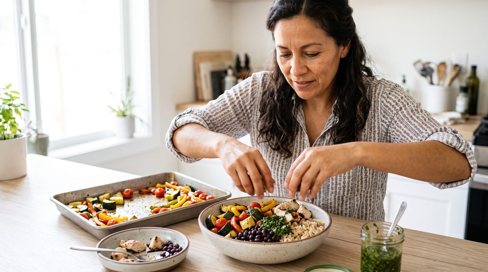 Volume eating shown by expanding a grain bowl with vegetables while keeping protein and flavor