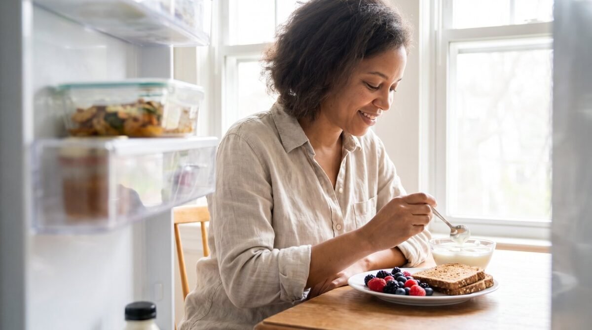 Woman choosing a normal breakfast after a richer weekend dinner