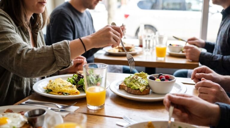 Weekend overeating and weight loss choices at a social brunch table