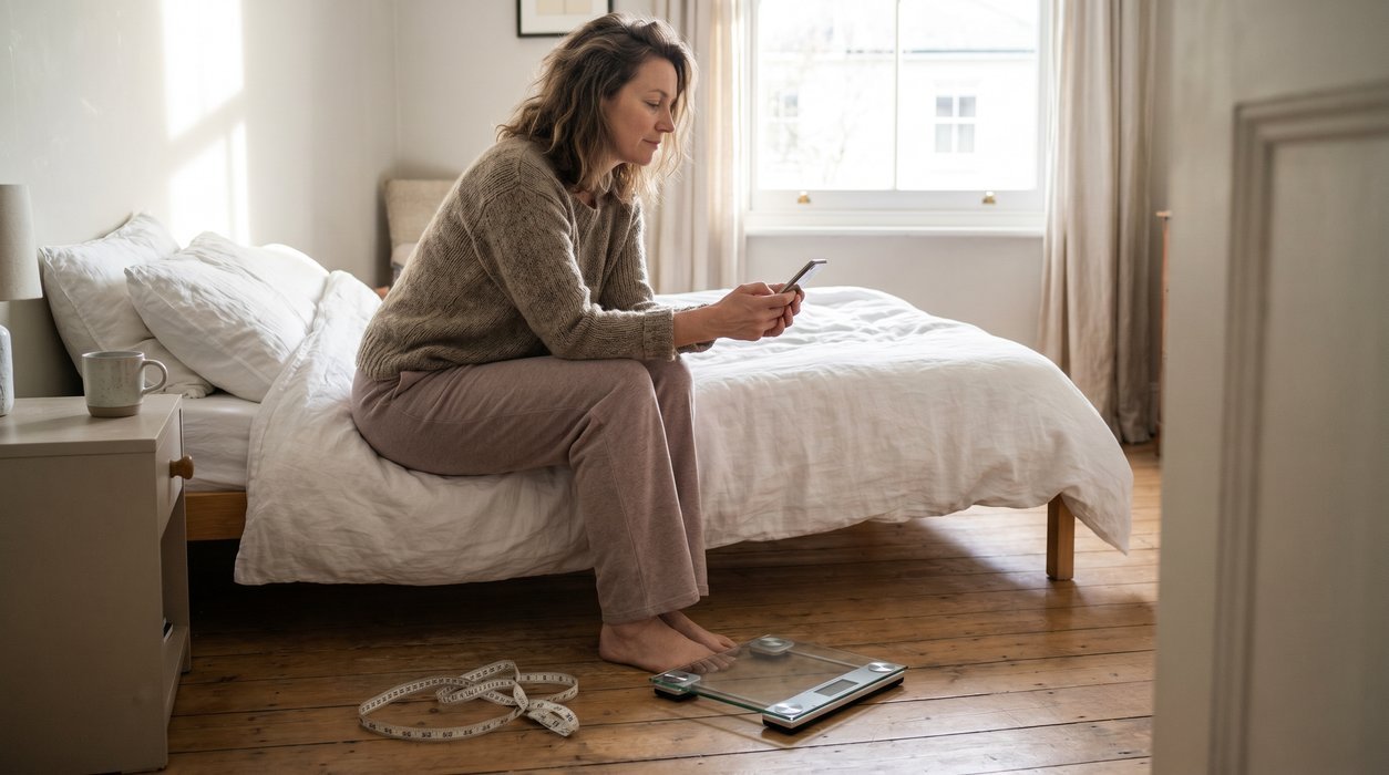 weight loss plateau first few weeks shown by a woman checking weekly weight trends calmly