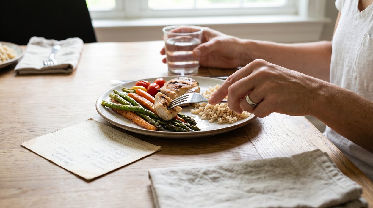 hands preparing a balanced meal while reviewing a simple 14-day plateau plan