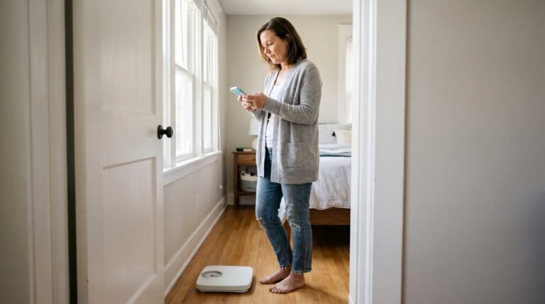weight loss plateau first few weeks shown by a woman calmly checking weekly weight trends