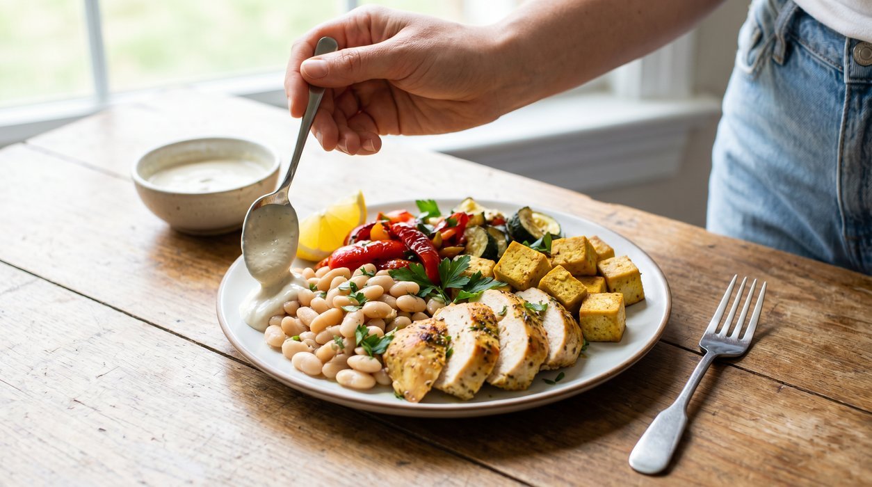 Lemony chicken and white bean dinner plate with colorful vegetables for a plateau reset meal