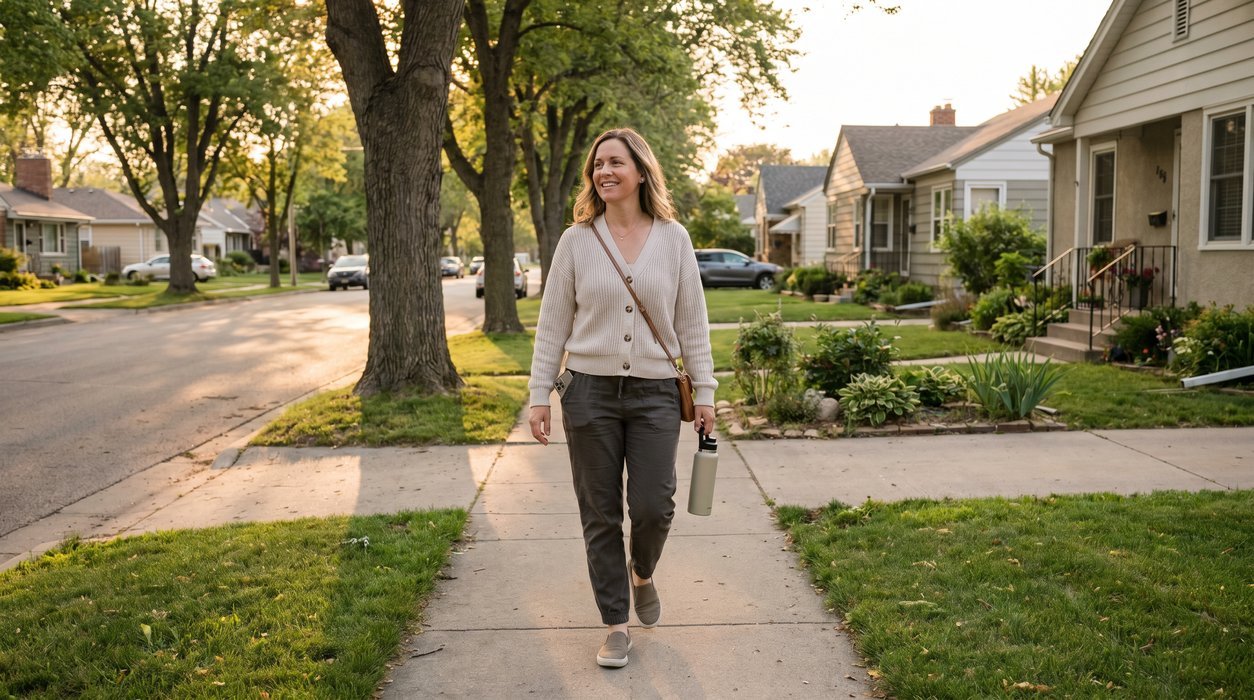 Woman taking an easy after-dinner walk to support daily movement and metabolic health