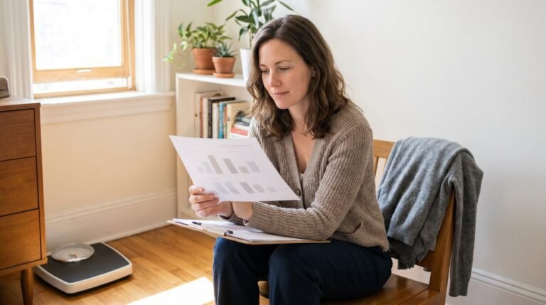 Woman reviewing weekly habits during a weight loss plateau reset for women
