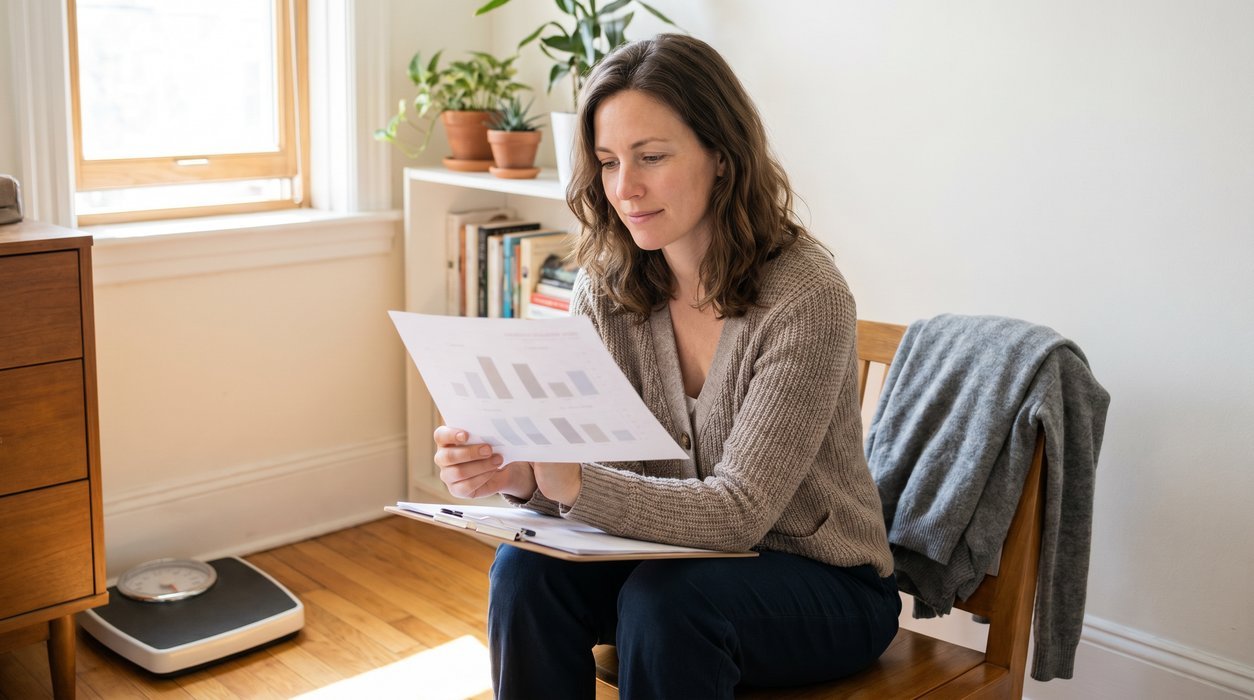 Woman reviewing weekly habits during a weight loss plateau reset for women
