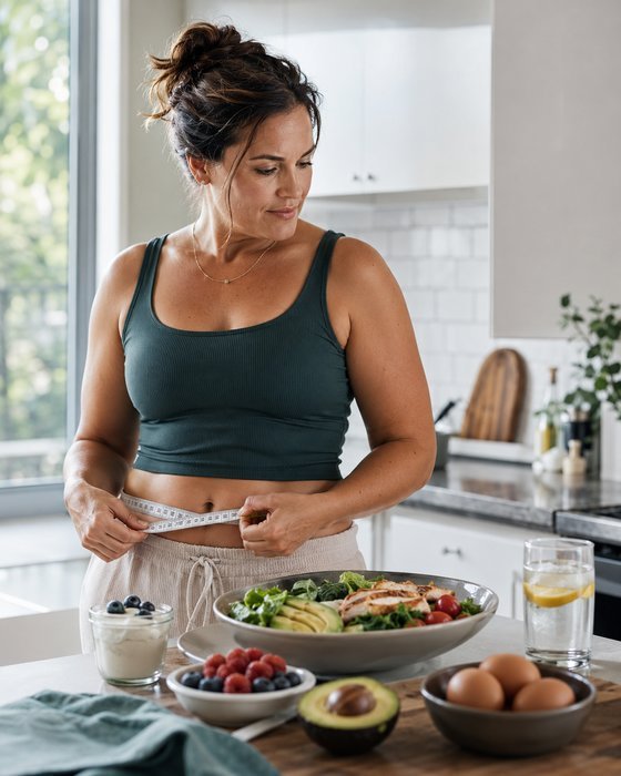 Woman navigating weight loss resistance while preparing a balanced meal