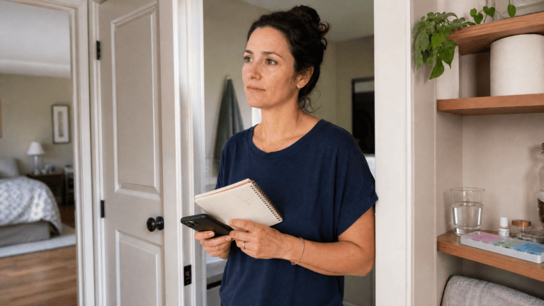 Woman calmly considering bowel habits and gut health patterns before discussing a symptom diary with a clinician