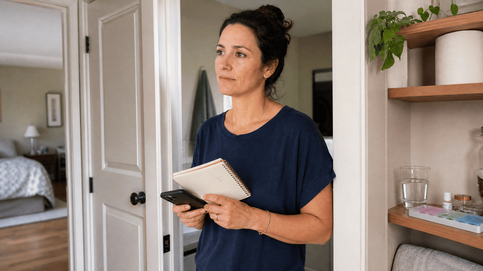 Woman calmly considering bowel habits and gut health patterns before discussing a symptom diary with a clinician