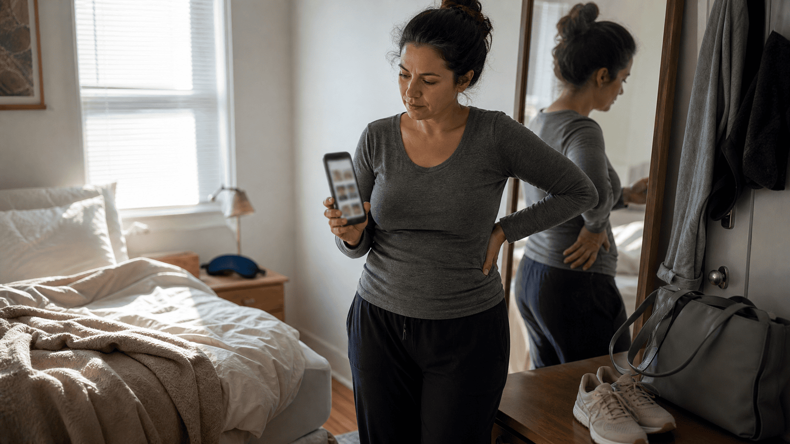 Woman considering conflicting social media claims about cortisol weight gain during a realistic morning routine