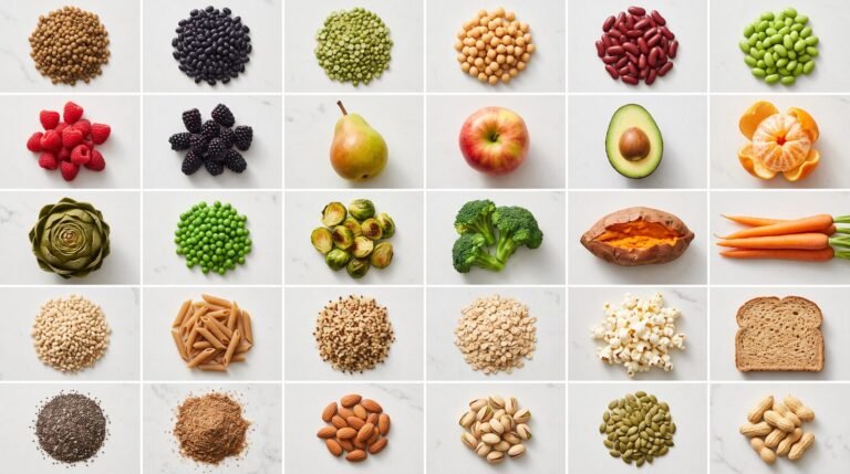 Exactly 30 high-fiber foods arranged in a countable five-by-six ingredient grid