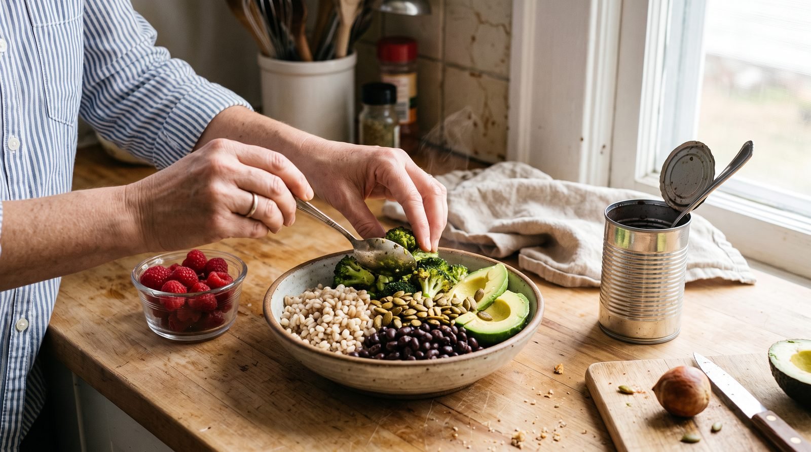 High-fiber foods arranged as beans, berries, vegetables, whole grains, nuts, and seeds for easy meal building