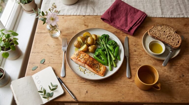 Flexible menstrual cycle nutrition shown as one balanced meal with subtle cycle-phase cues