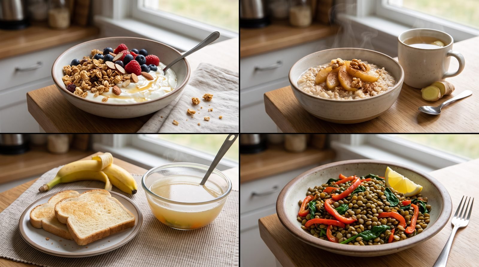 Flexible menstrual cycle nutrition options for hunger, cramps, nausea, and heavy bleeding