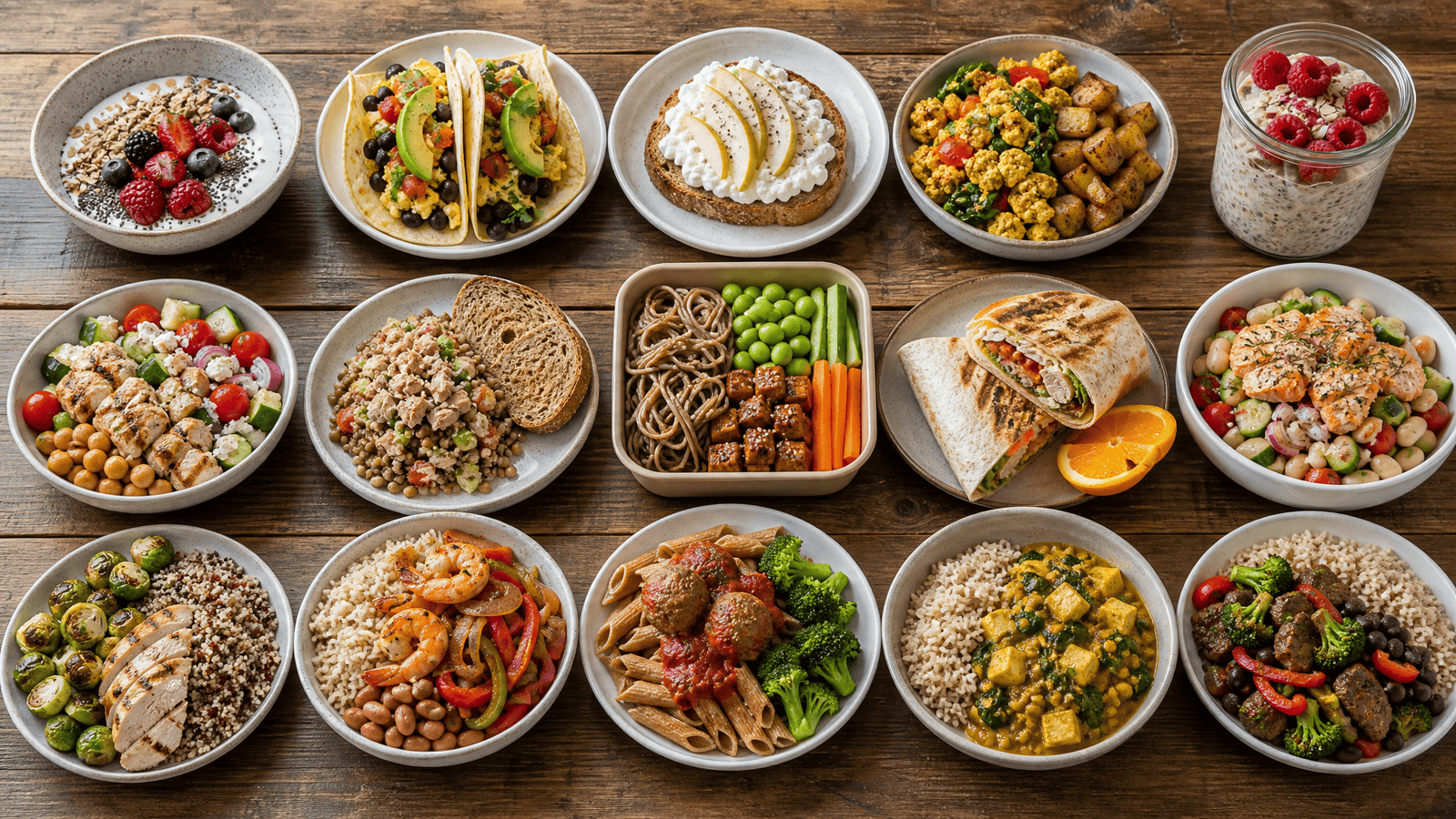 All 15 high-protein, high-fiber PCOS meal ideas displayed together in five breakfast, five lunch, and five dinner portions