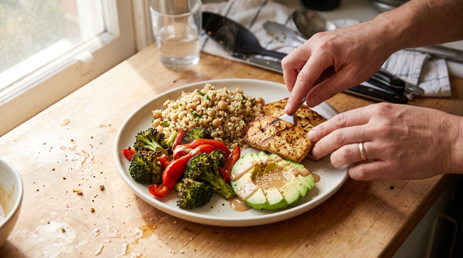 PCOS nutrition meal with protein, a high-fiber carbohydrate, vegetables, and satisfying fat