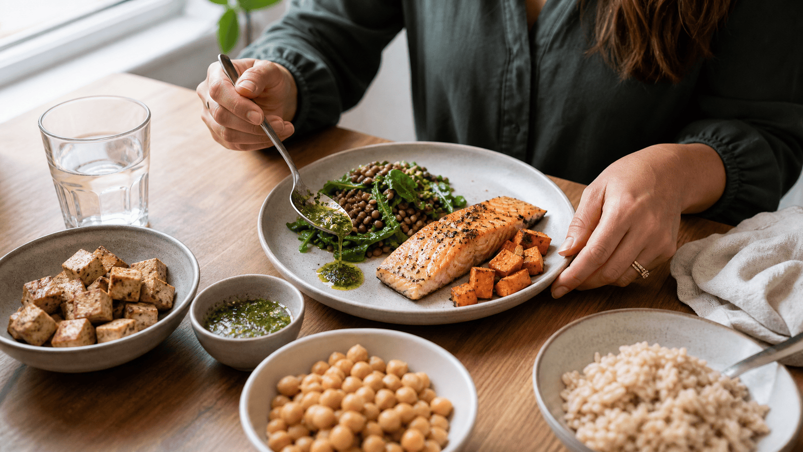 PCOS meal ideas formula with protein, fiber-rich plants, satisfying carbohydrates, and flavor