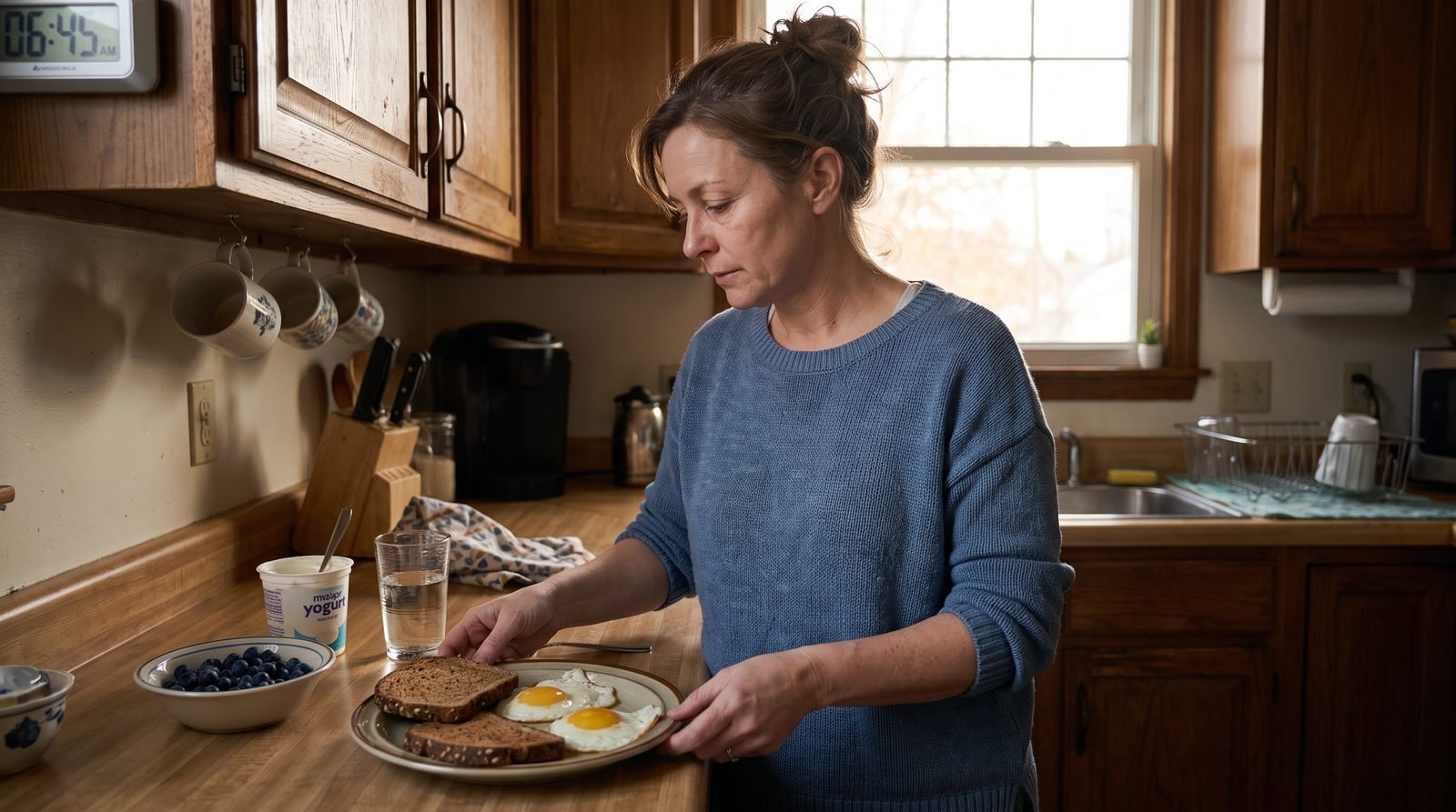 Woman in perimenopause choosing a quick balanced breakfast with eggs, toast, berries, and yogurt after poor sleep