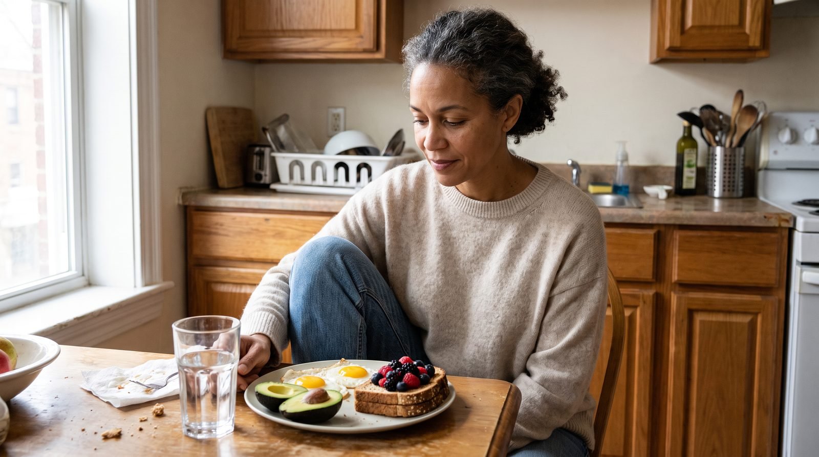 Perimenopause breakfast with eggs, whole-grain toast, berries, avocado, and water beside a midlife woman at the table