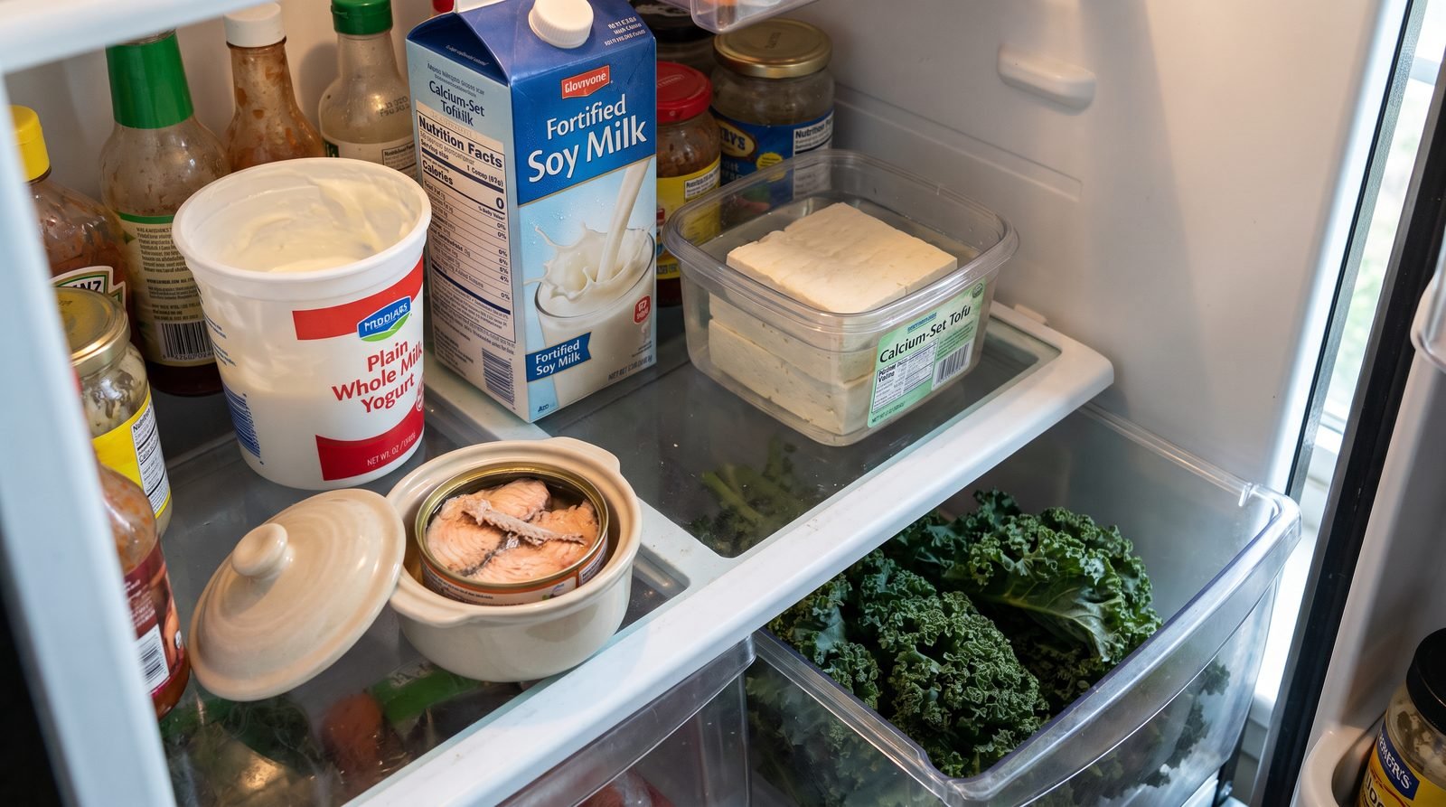 Calcium-rich foods for perimenopause including yogurt, fortified soy milk, calcium-set tofu, canned salmon, and kale