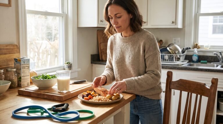 Perimenopause nutrition scene with a woman building a balanced meal beside resistance bands and calcium-rich foods