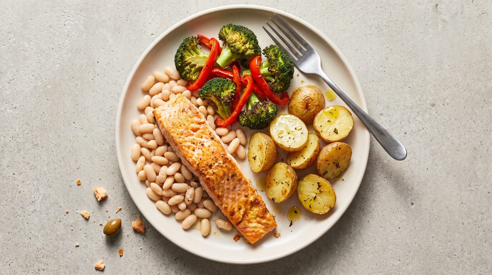 Perimenopause nutrition fullness plate with salmon, white beans, roasted vegetables, and potatoes