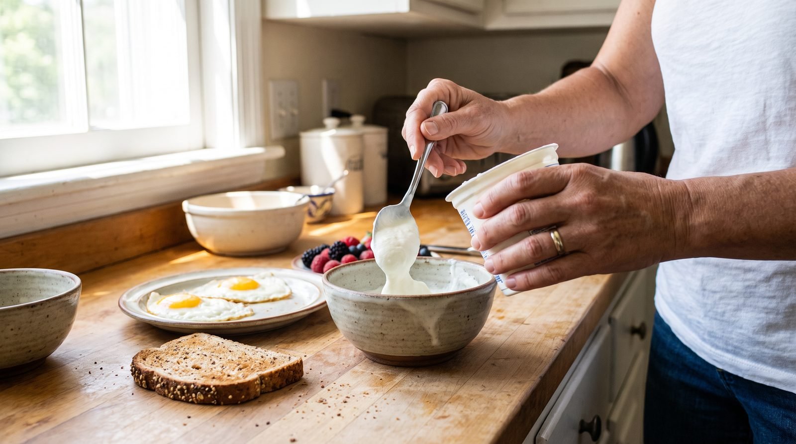 Protein timing for women shown through a breakfast upgraded with eggs, Greek yogurt, berries, and whole-grain toast