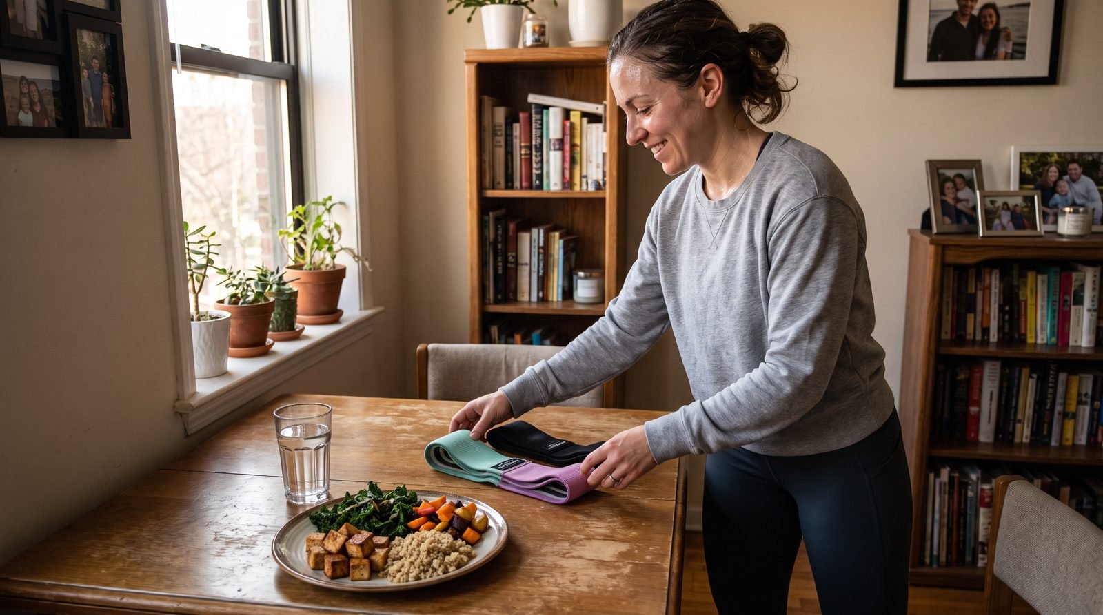 Woman pairing a realistic protein meal with her after-strength-training routine