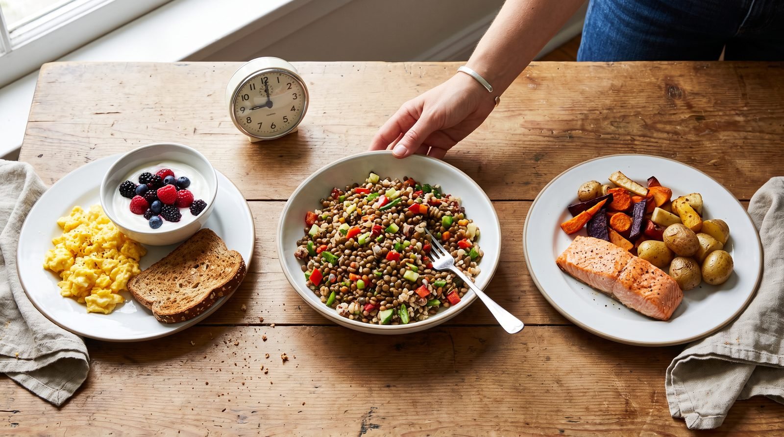 Protein timing for women shown as three balanced meals arranged from morning to evening around a simple clock